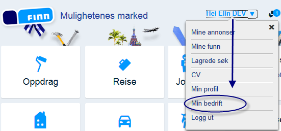 Finn bedriftsprofilen under «MIN BEDRIFT» Logg deg inn på FINN, og velg «MIN BEDRIFT»