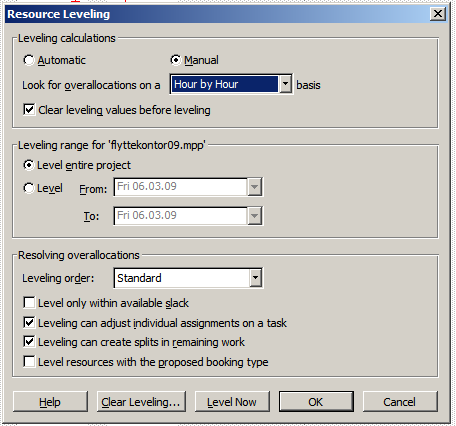 I dette prosjektet med oppløsning på timer må vi velge «Hour-by-hour» evt. «minute-by-minute» under «look for overallocations».