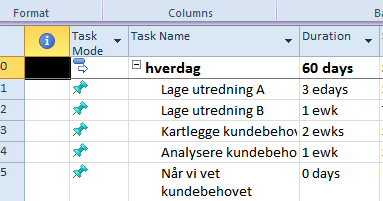 Project Summary Task Hvis du velger Format -fliken og er i Gantt chart visning før du tilgang til avkrysningsboksen Project Summary Task.