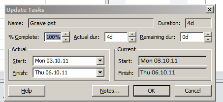 Dette reflekteres over i Gantt-diagrammet For å følge opp prosjektet kan du også gå inn i Tools Tracking og velge update tasks.