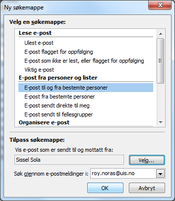 E-post Bruk søkemapper for å filtrere meldinger En søkemappe er en virtuell mappe som inneholder alle e-postelementer som samsvarer med bestemte søkekriterier.