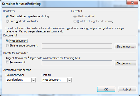 Kontakter/Oppgaver Foreta utskriftsfletting i Word direkte fra Kontakter i Outlook I stedet for å starte utskriftsflettingen i Word kan du nå starte direkte fra Kontakter i Outlook.