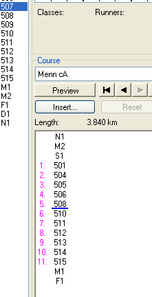 Fortsett med å dobbelklikke på postene i riktig rekkefølge. Fortsett til hele løypa er ferdig. Avslutt med merking til mål (M1) og mål (F1). Du kan nå trykke på Preview og løypa skal komme til syne.