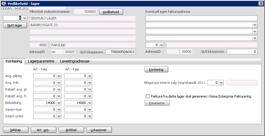 Skjermbildet vedlikehold lager finner du under menyen Grunndata/ lager og lokasjoner.