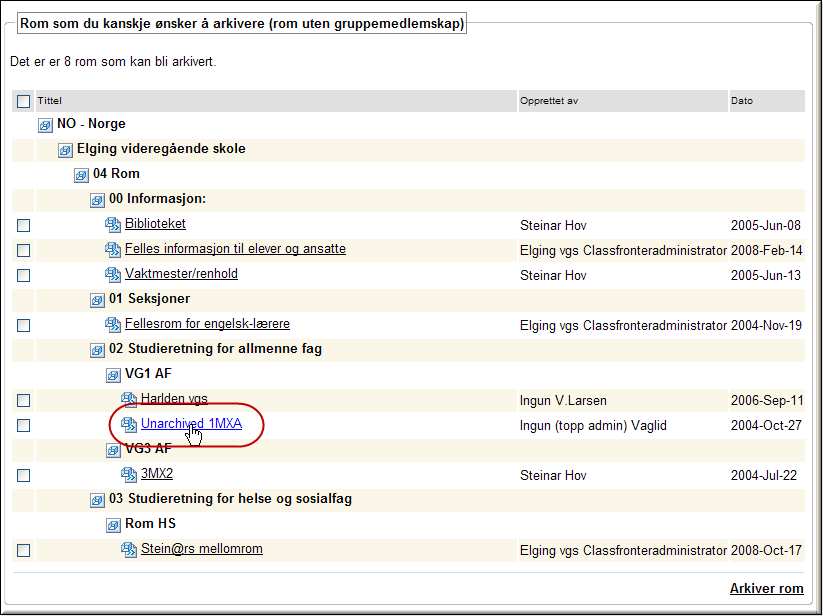 Gruppene som er meldt inn i et arkivert rom vil bli frosset slik at den ikke oppdateres selv om det skjer endringer i det administrative systemet.