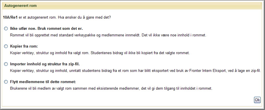 Trinn tre: Aktivering av nye rom En full import vil automatisk opprette nye rom for alle grupper med nye ID er. Gruppene vil også bli automatisk innmeldt med korrekte rettigheter i rommene.