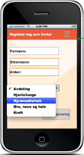 Figur 15: Registrering, velg avdeling 8.6 Velkommenside Siden som skal være det brukeren møter, når han eller hun tar i bruk appen i det daglige, må være oversiktlig og informativ.