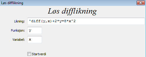 Vi klikker på Utvid og får et finere svar: c) Klikk på Likninger og Løs difflikning.