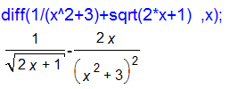 Eksempel 8. Mer derivasjon Oppgave 8.23 b, side 270 i Sinus R1 1 Deriver funksjonen f ( x) 2x 1. 2 x 3 Skriv inn uttrykket slik det er vist nedenfor og trykk Deriver. Eksempel 9.