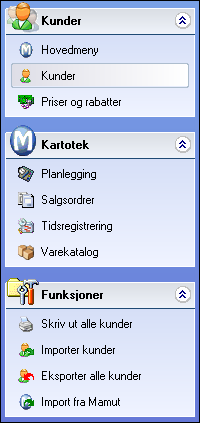 MENYENE I PROGRAMMET Når du for eksempel velger Kunder, vil menyen Kunder vise funksjonene som gjelder