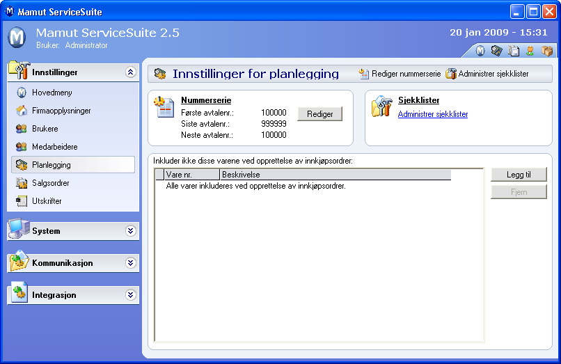 MAMUT SERVICESUITE PLANNING - KOM I GANG-GUIDE Slik redigerer du innstillingene for Planlegging Her kan du redigere avtalenumrene. 1.