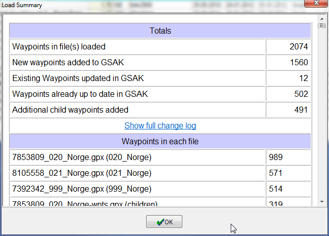 Pocket Query Load Summary Antall cacher i filene som ble innlest. Antall nyecacher som ble innlest. Antall cacher som ble endret (nye logger, endret beskrivelse, ) Antall cacher uten endringer.