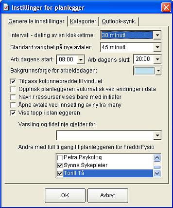 Innstillinger for planlegger Hver bruker kan stille inn sin planlegger slik det er mest hensiktsmessig.