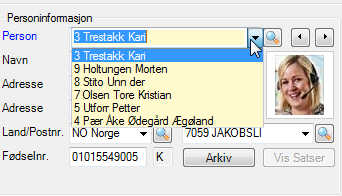 Dersom du får eksakt treff (på en persons arbeidstakernummer eller navn, evt. del av fornavn / etternavn) vil denne personens opplysninger hentes frem.