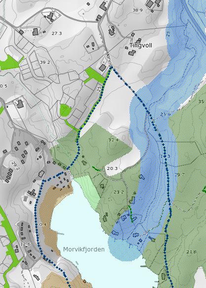 DELSTREKNING 15; FANTESTIEN Kun alternativet langs sjøen velges.