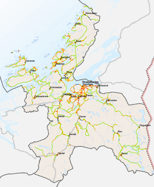 Figur 4.4. Fartsgrense-kartet viser en oversikt over fartsgrensenivået.