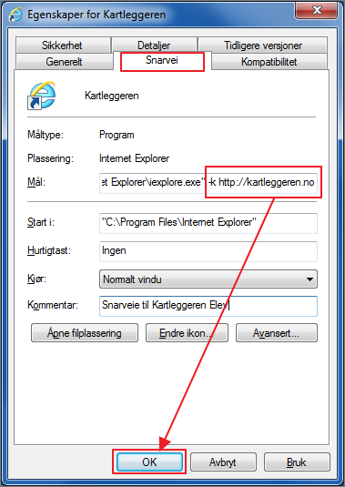 Følgende må legges inn boksen Mål: «-k http://kartleggeren.no» (NB: Pass på å få med bindestreken helt fremst.) Teksten legges inn etter eksisterende innhold i feltet (etter siste anførselstegn).