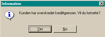 133 Corrado hjelp Dersom du har aktivert funksjonen Melding hvis over kreditt under innstillinger/diverse, og samtidig lagt inn en kredittgrense på en kunde, vil du få opp denne meldingen når du