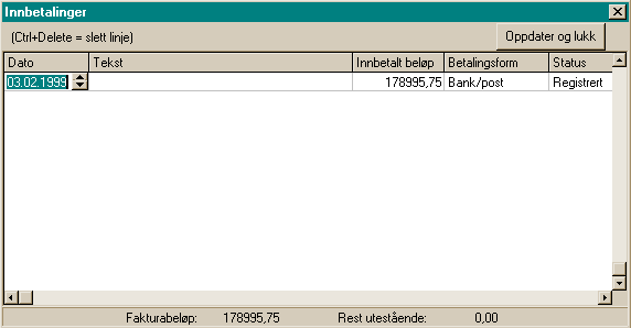 147 Corrado hjelp I skjermbildet for Innbetalinger velger du innbetalingsdato, tekstkommentar på innbetalingen og innbetalt beløp, for deretter å oppdatere med knappen Oppdater og lukk.