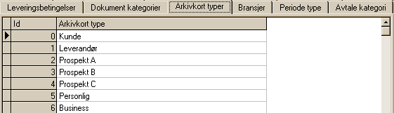 Grunndata 56 5.2.16 Dokument kategorier I denne listen registrerer du de ulike dokument-kategoriene som du vil ha tilgjengelig når du ønsker å tilordre et dokument til en spesiell kategori.