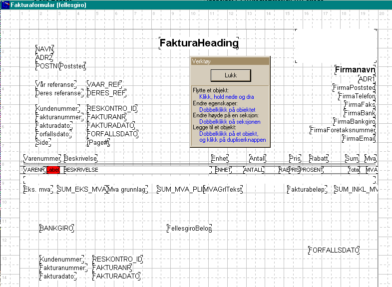 69 Corrado hjelp Redigeringsvinduet består av 3 forskjellige redigerbare objektertype: Faste tekster (ledetekster), felt (verdier fra databasen) og seksjoner (topptekst, detaljseksjon og bunntekst).