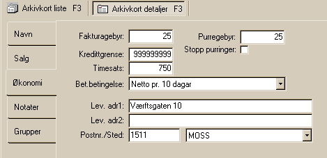 Arkivkort 94 Økonomi Fyll inn de økonomiske parametre som gjelder kunden. Timesats benyttes f. eks. hvis kunden skal faktureres en fast timesats for telefonstøtte o.