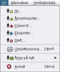 Fil Når du velger Fil fra menylinjen, vises følgende alternativer: Ny... Åpne/ importer... Kopier til... Eksporter... Slett... Utskriftsvisning.