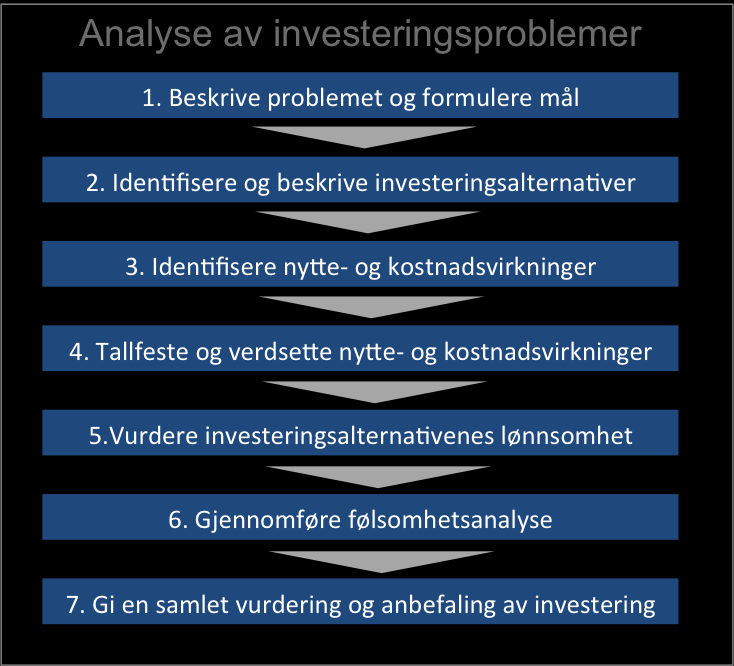 15 Fremgangsmåten for en analyse av et investeringsproblem kan forklares gjennom en stegvis tabell illustrert i5. Videre følger en detaljert beskrivelse av de ulike trinnene i analysen.
