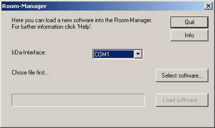 2. 3. 4. 5. 6. 7. 8. 9. 10. 11. Sørg for at IrDA-grensenittet på din PC/laptop er aktivert. Aktivér IrDA-interface på Room Manager i menyen Generelt -> For installatør -> Oppdatere programvare.
