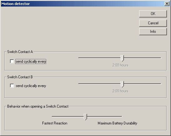 Du kan velge om kanal A og/eller kanal B skal sendes syklisk og hvor ofte en RF-kommando skal sendes. Du kan bare lese inn bevegelsesdetektoren ved å aktivere programmeringsknappen.