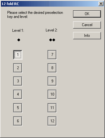 Forvalgsknappene (1 til 6) vises til venstre, mens nivået (1 og 2) vises øverst. Slik kan du velge den kanalen du ønsker å benytte.