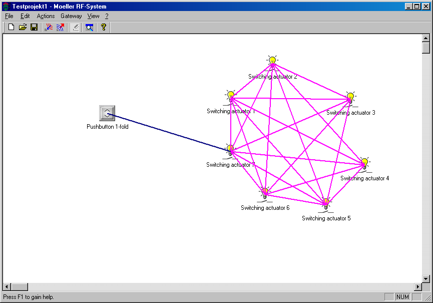 Den blå streken går fra sensor til gruppens master (bryteaktuator 7). Denne aktuatoren kvitterer, alle de andre aktuatoren er bare gruppemedlemmer.