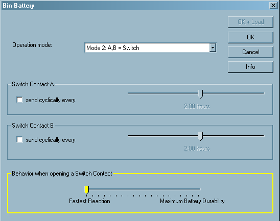 For en batteriforsynt binærinngang kan du også velge hvordan den skal fungere når signalkontakten åpner. Merk: Hyppig sending påvirker batteriets levetid negativt.