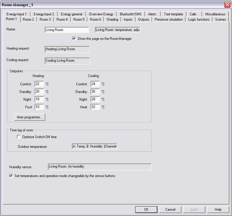 Så snart en temperatursensor og en varme-/kjøle-aktuator er tildelt kan rommet konfiureres.