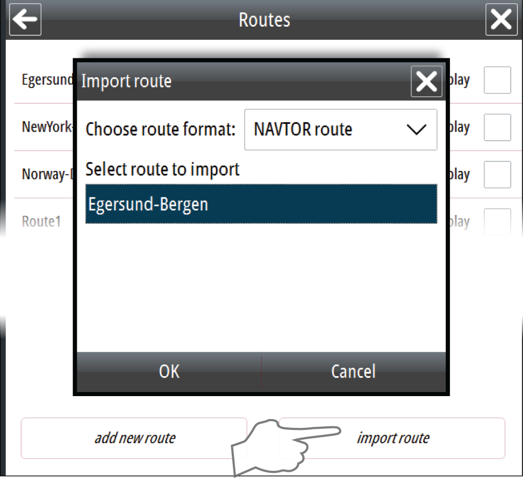 Importere ruter Du kan importere ruter fra et SD-kort eller fra en USB-stasjon.