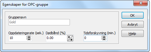 Konfigurering og installasjons håndbok Side: 111 av 133 Endre gruppe: Slett gruppe: Klikk denne knappen for og få tilgang til egenskaper for ønsket OPC gruppe.