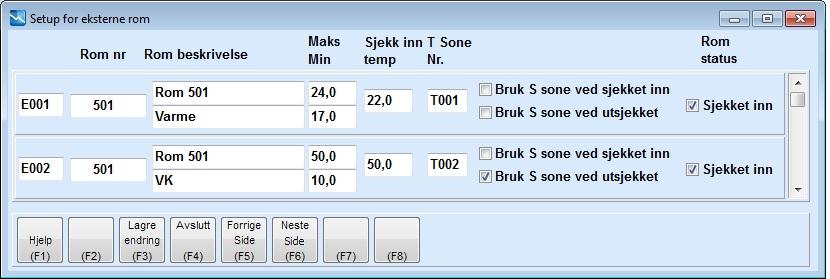 T soner settes opp som type Ekstern og man oppgir i E/T feltet hvilke E sone nr. (ekstern sonenr.) man ønsker skal styre sonen.