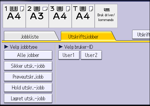 Lagret utskrift 1. Trykk på [Hjem]-tasten øverst til venstre på kontrollpanelet, og trykk på [Skriver]-ikonet på startskjermen. 2. Trykk på [Utskr.job.]. NO CJS113 3. Trykk på [Lagret utsk.-jobb]. 4.