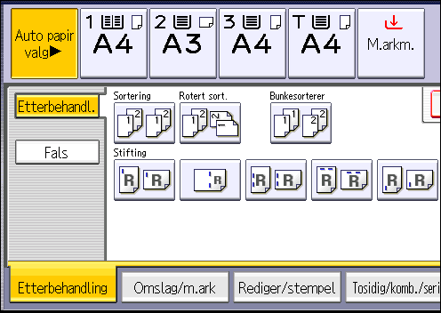 Etterbehandling 3. Velg stifteposisjon. Når du velger stifteposisjon, blir Sortering automatisk valgt. 4. Trykk på [OK]. 5. Angi antallet kopisett med talltastene. 6.