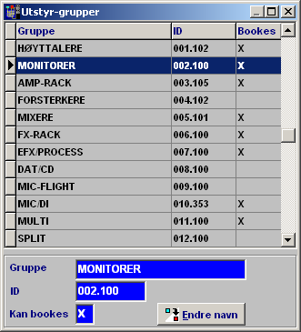 Utstyr grupper Her defineres hvilke grupper som skal brukes. Gruppene må defineres før du starter med registreringen av de enkelte utstyr-enhetene.