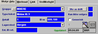 Kategori kan velges for å knytte aktuelt utstyr til en summeringsgruppe i fakturalister. Det gjør det mulig å sette opp tilbud som bare viser summer for utvalgte kategorier.