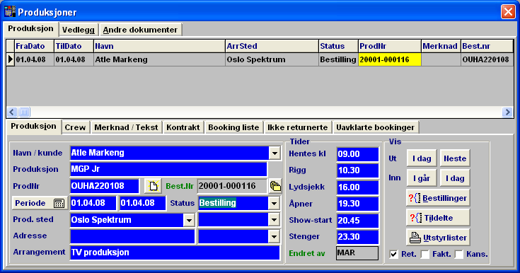 Produksjoner Produksjoner er "inngangen" mot booking og turnéplan. Det er ikke mulig å gjøre bestillinger eller andre bookingfunksjoner uten at en først velger eller oppretter en produksjon.