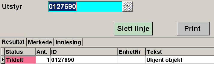 Meldinger Midt på skjermen vil det kunne komme ulike meldinger i forbindelse med scan av utstyr/objekter: Ikke returnert betyr at scannet utstyr/objekt har vært utlånt, men ikke scannet tilbake