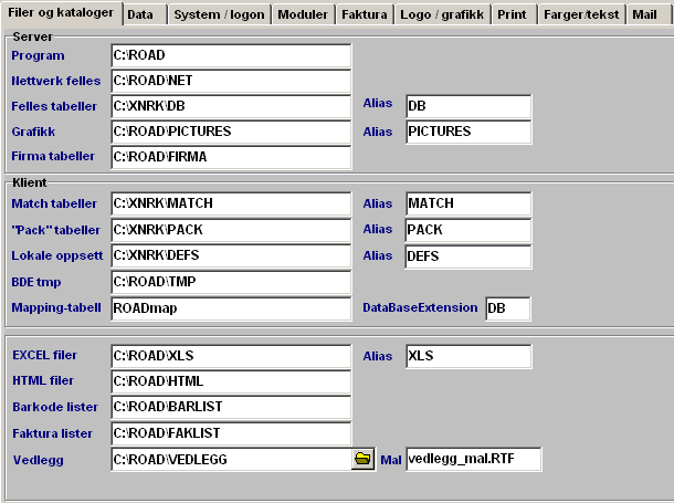 Program oppsett Modul for oppsett av diverse parametere i programmet som lagres til road.ini og idapi32.cfg Velges via meny Fil Oppsett.