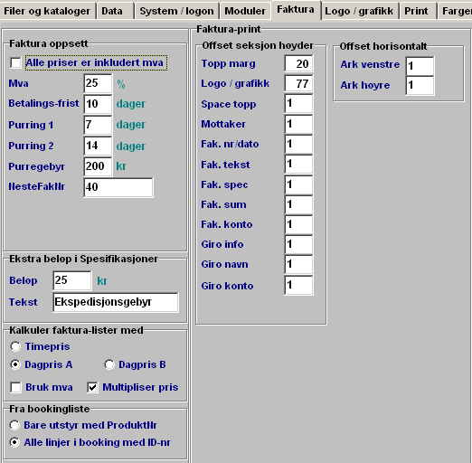 Faktura Parametere for fakturamodulen og fakturalister i booking.