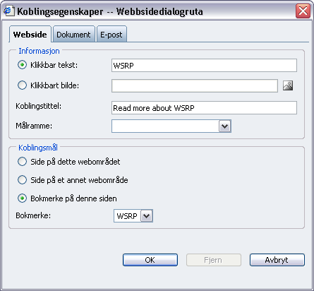 Arbeide med informasjonen 51 Kobling til et sted på samme side. 1. Merk ordet som skal være kobling. 2. Velg Sett inn kobling. 3. Dialogboksen Koblingsegenskaper vises, og fanen Webside er åpen.