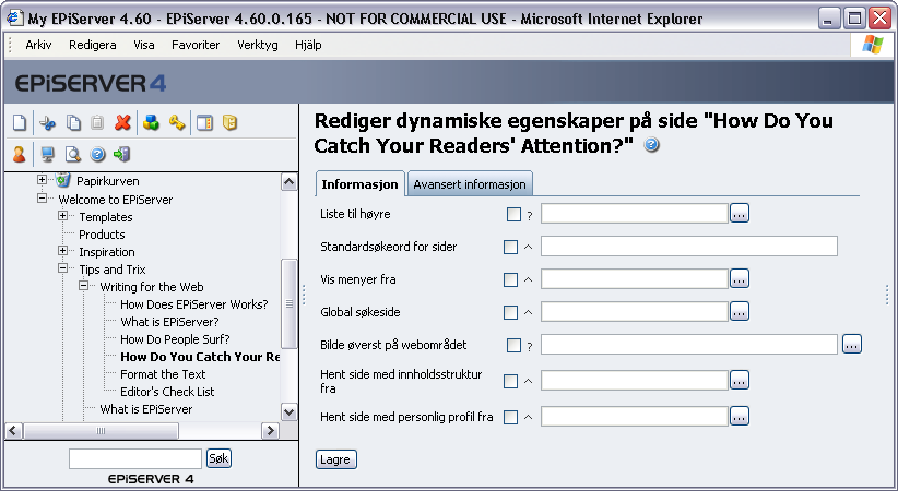 Verktøyfeltet i EPiServer 79 Hvis du vil finne ut hvilke verdier som gjelder på en bestemt side, kan du peke på de ulike symbolene ved innskrivingsfeltet under dynamiske egenskaper og få vite verdien