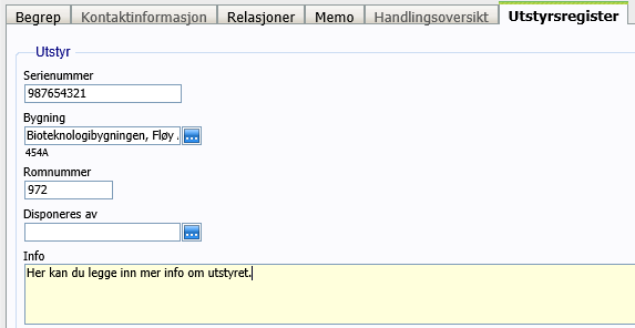 Velg så fanen «Utstyrsregister». Her er det flere felt som kan fylles ut.