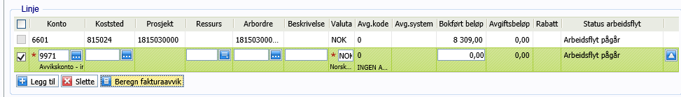 Gå tilbake til fanen «Regnskap». Marker avvikslinjen så den blir grønn og huk av i feltet til venstre på linjen.