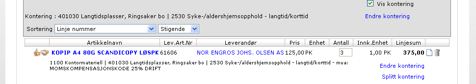 VIS HANDLEVOGN Ved å klikke på navnet til handlevognen vises innholdet. Det er også fra dette bildet at man sender bestilling videre til godkjenning eller direkte til leverandør.